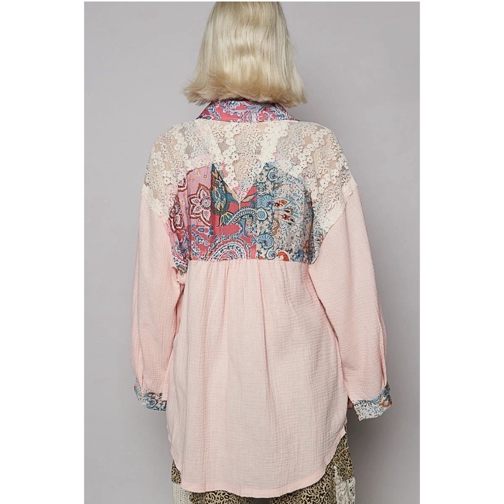 POL Patchwork Floral Trim Long Sleeve Women's Gauze Button Up‎ Shirt Size M - Picture 3 of 16